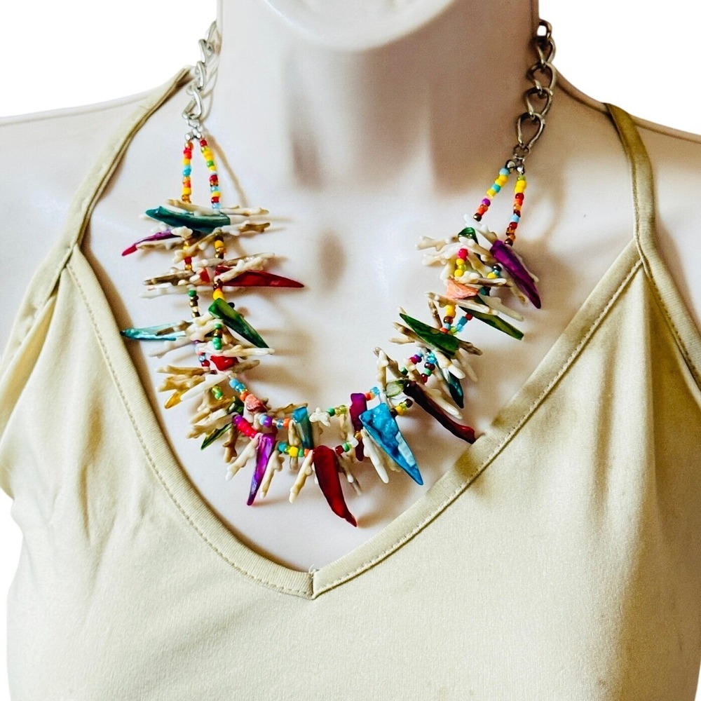 VTG Abstract White Coral‎ branch Abalone Shell Necklace Colorful real Beads 20"